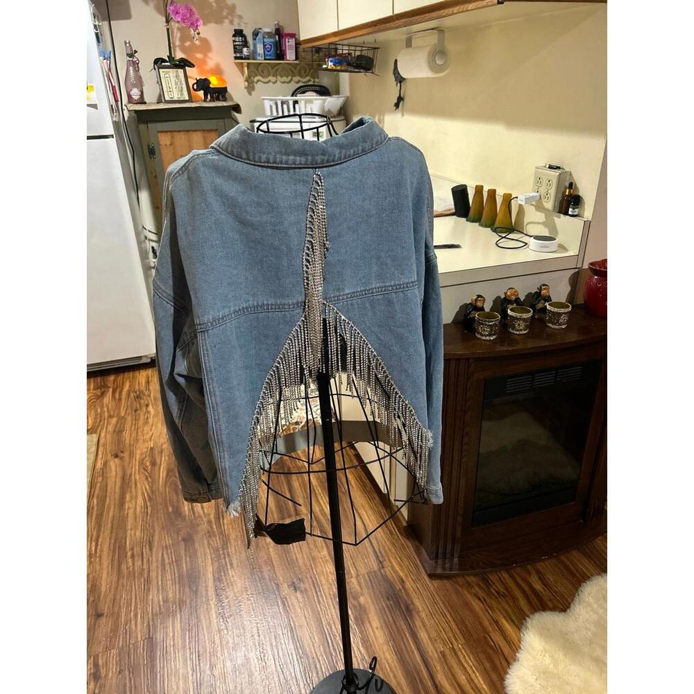 Amazing unique Denim Jacket with Open Back And Rhinestones Fringe